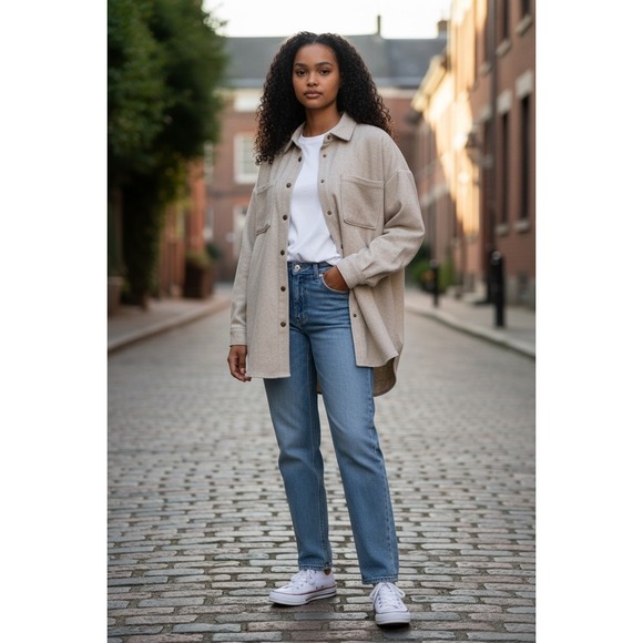 GH Bass & Co Jackets & Blazers - GH Bass Co Long Sleeve Oversized Shacket Shirt Jacket Beige Herringbone Size L